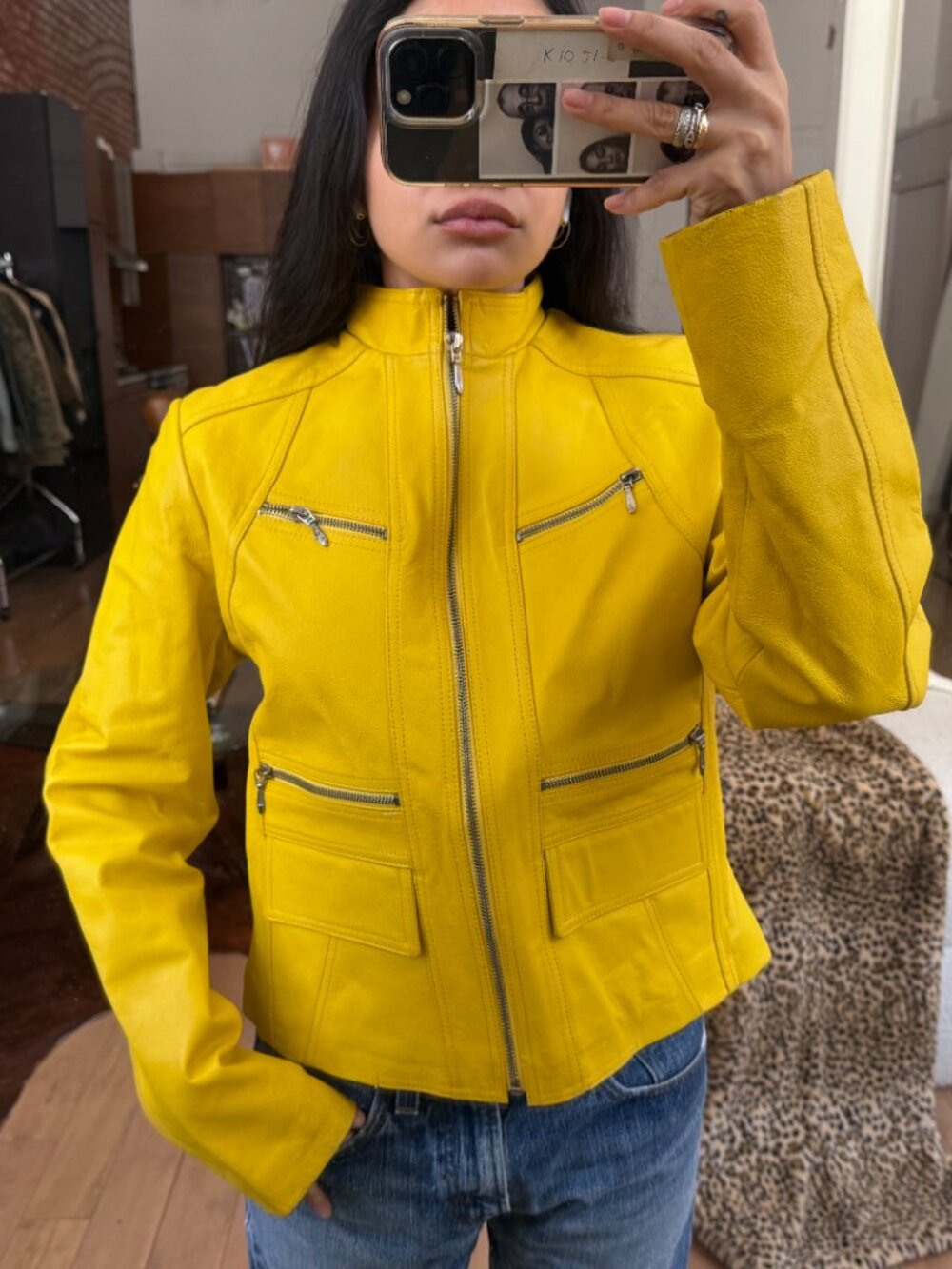 Vintage Yellow Leather Moto Jacket S Y2K Cropped
